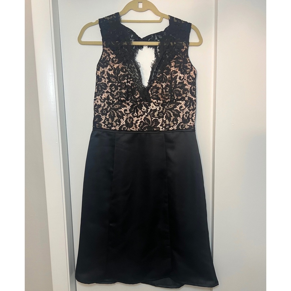 Jim Hjelm Occasions‎ Black Lace Satin V-Neck Cocktail Dress Size 14 Made in USA